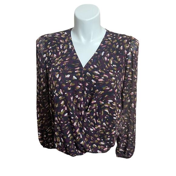 NINE BRITTON‎ FAUX WRAP LONG SLEEVE BLOUSE MEDIUM PETITE PURPLE MULTICOLOR NWT - Picture 1 of 12